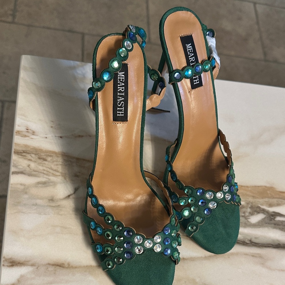 Emerald Jeweled Strappy High Heels